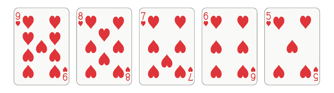 Układ pokerowy poker, skłądający się z pięciu kart od piątki do dziewiątki z jednym znakiem - kier