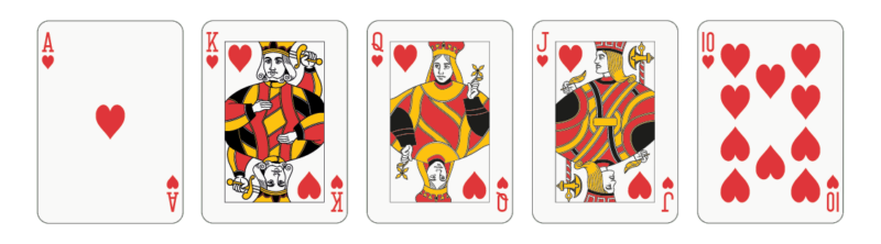 Układ pokerowy, poker królewski składający się od asa do dziesiątki w jednym kolorze - kier.