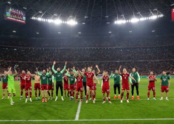 Piłkarze reprezentacji Węgier cieszący się z kibicami po meczu