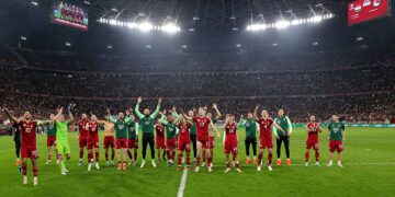 Piłkarze reprezentacji Węgier cieszący się z kibicami po meczu