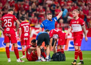 Piłkarze Widzewa podczas meczu Ekstraklasy