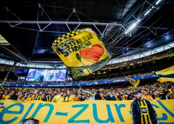 Kibice Borussii Dortmund podczas meczu Ligi Mistrzów