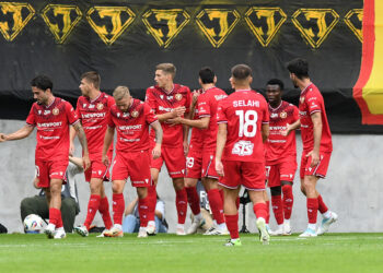 Piłkarze Widzewa Łódź podczas meczu z Jagiellonią w Ekstraklasie