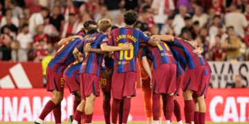 Piłkarze Barcelony podczas meczu La Liga